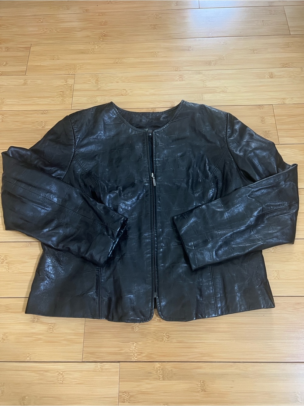 id COLLECTION Black Leather Jacket Womens 16 Collarless Patchwork Zip Canada Vtg